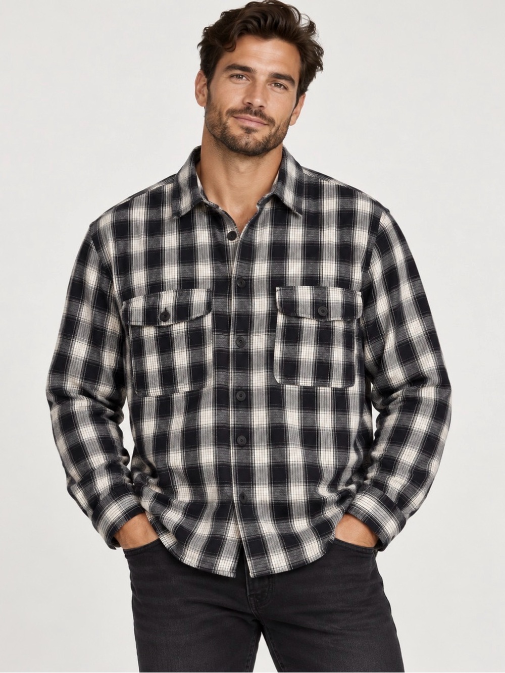 Homme men’s black, gray & cream plaid flannel/button-up shirt, size XXL / US 18